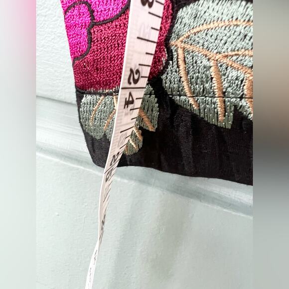 Citron black crinkly pants floral embroidered hem linen blend wide leg artsy M - Picture 7 of 10